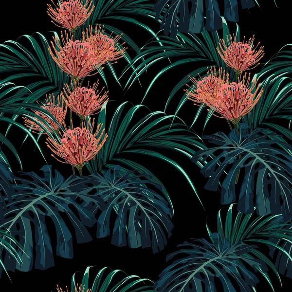 Plantas Exóticas Tropicales Patrón Sin Costura Monstruo Hojas Palma Flores — Vector de stock