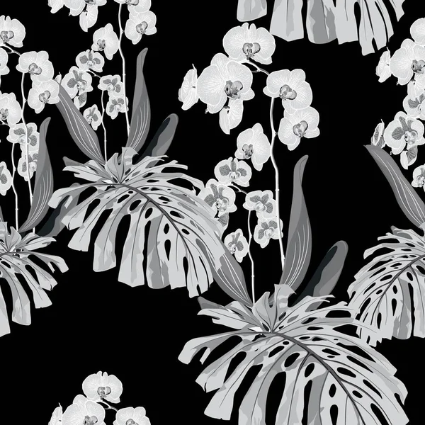 Nahtloses Muster Hintergrund Mit Monsterblättern Und Orchideenblüten Auf Schwarzem Hintergrund — Stockvektor