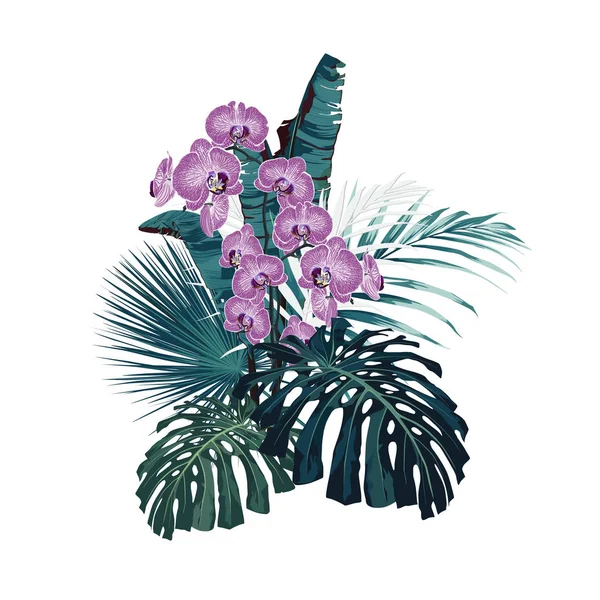 Άνθη Ορχιδέα Και Τροπικά Φύλλα Ψηφιακή Απεικόνιση — Διανυσματικό Αρχείο