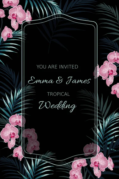 Vorlage Für Hochzeitseinladungen Mit Orchideenblüten Und Tropischen Blättern — Stockvektor