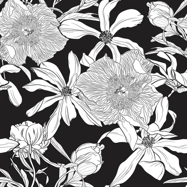 Manolya Haşhaş Çiçekleri Ile Dikişsiz Vektör Deseni Siyah Beyaz — Stok Vektör