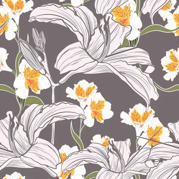 アルストロエメリアとユリの花を持つシームレスなベクターパターン — ストックベクタ
