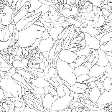 dikişsiz vektör deseni, siyah beyaz kontur çizilmiş şakayıklar