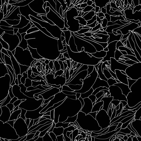 Безшовний Векторний Візерунок Чорно Білий Контур Намальованих Півоній — стоковий вектор
