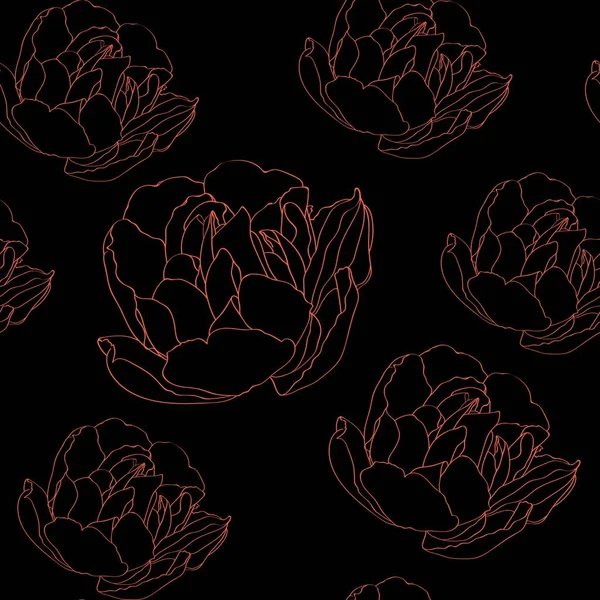 Seamless Vector Pattern Contour Drawn Peonies Black — Stock Vector