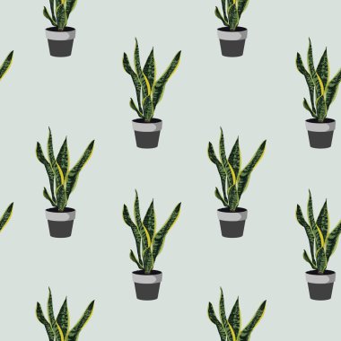 Saksıda sansevieria dikişsiz desen. Tencerede ev bitkisi. Ev ve iç mekan için yeşil doğal dekor. Vintage açık yeşil arka plan.