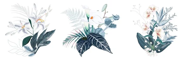Ramo Tropical Verano Con Hojas Palma Flores Exóticas Composición Flores — Vector de stock