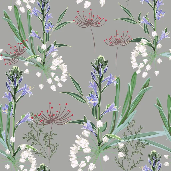 Florales Nahtloses Muster Mit Wilden Violetten Bellen Blüten Zweig Kräuter — Stockvektor