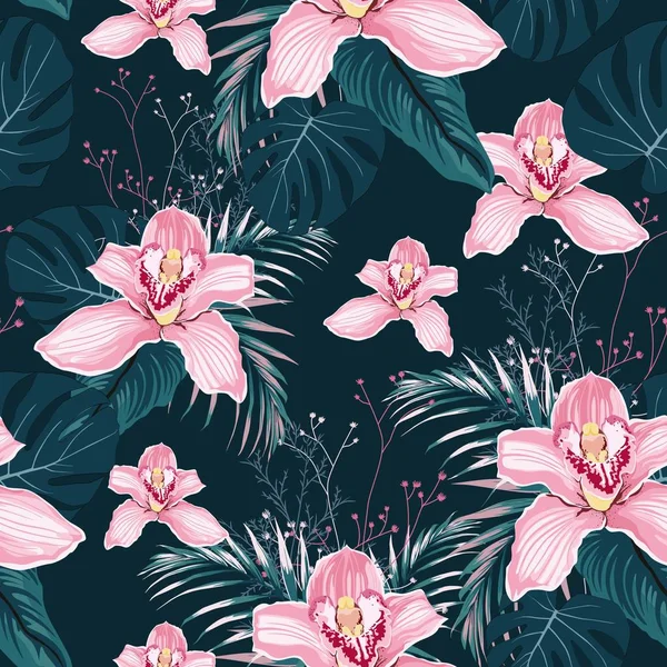 Motif Sans Couture Avec Des Fleurs Orchidée Feuilles Tropicales Colorées — Image vectorielle