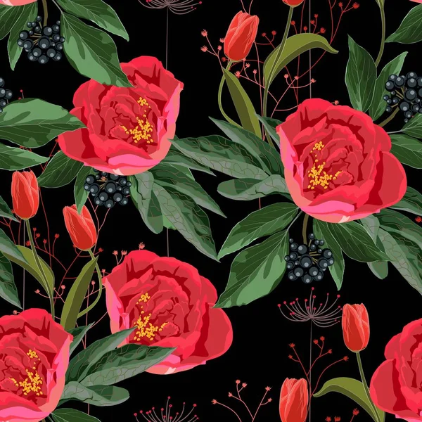 ピオニークリスマス冬は花のシームレスなパターンのテクスチャをローズ 黒い背景に緑の葉を持つ赤い花 デザインボタニカルイラスト — ストックベクタ