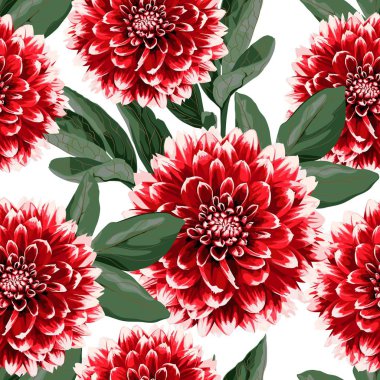 El çizilmiş kırmızı dahlias çiçekler, çilek ve otlar ile Çiçek dikişsiz sonbahar deseni. Tekstil için İllüstrasyon