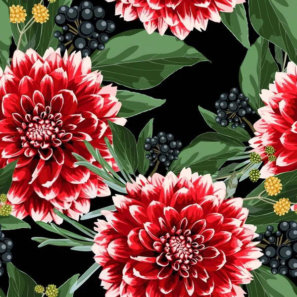 Floral Naadloze Herfst Patroon Met Hand Getrokken Rode Dahlia Bloemen — Stockvector