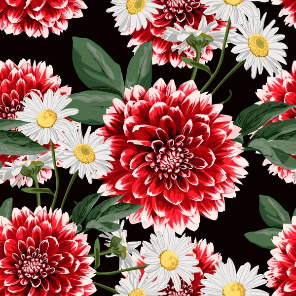 Patrón Otoño Sin Costura Floral Con Flores Dalias Rojas Dibujadas — Archivo Imágenes Vectoriales