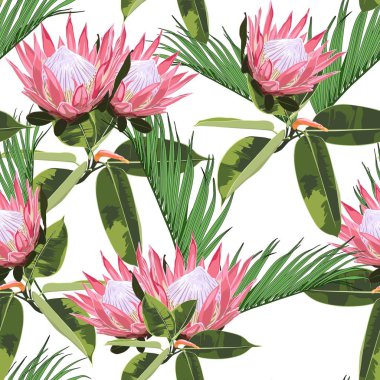 Doğa kusursuz desen. El çizilmiş tropikal yaz arka plan: palmiye ve monstera yaprakları ile egzotik pembe protea çiçek dalı. 