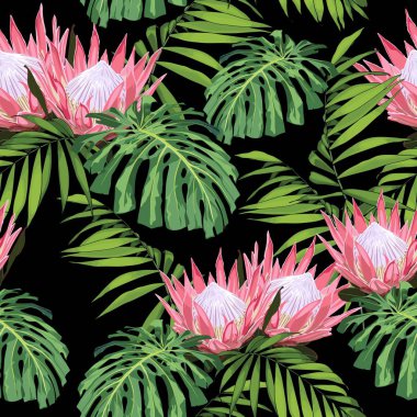 Doğa kusursuz desen. El çizilmiş tropikal yaz arka plan: palmiye ve monstera yaprakları ile egzotik pembe protea çiçek dalı.