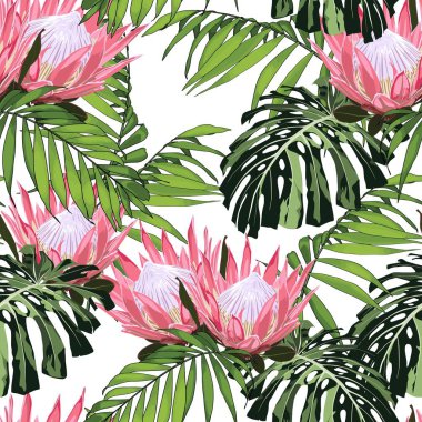 Doğa kusursuz desen. El çizilmiş tropikal yaz arka plan: palmiye ve monstera yaprakları ile egzotik pembe protea çiçek dalı.