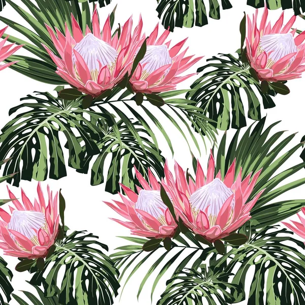 自然无缝模式 手绘热带夏季背景 异国情调的粉红色普罗蒂亚花枝与棕榈和怪物叶 — 图库矢量图片
