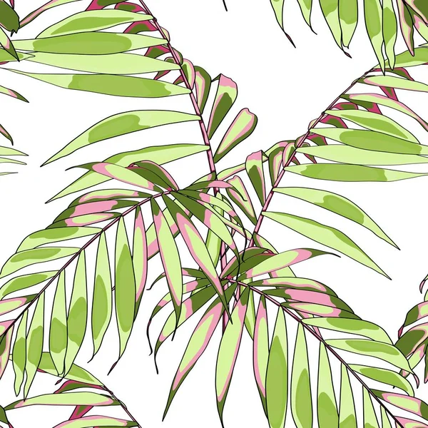 Natur Nahtlose Muster Handgezeichneter Tropischer Sommerhintergrund Leuchtend Grüne Palmenblätter Weißer — Stockvektor
