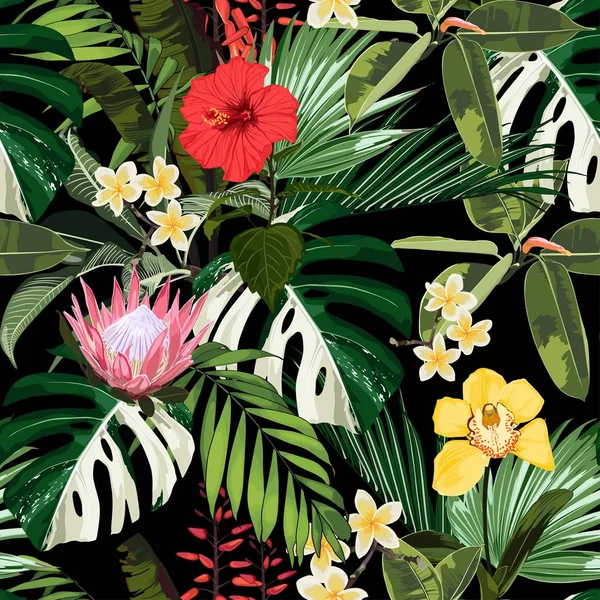 Příroda Bezproblémová Ručně Kreslené Tropické Letní Pozadí Monstera Palmové Listy — Stockový vektor
