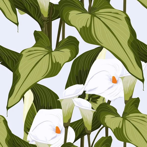 Tropische Spathiphyllum Blüten Palmblätter Dschungelblätter Schöne Nahtlose Florale Dschungelmuster Auf — Stockvektor