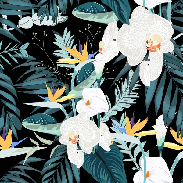 Тропическая Летняя Картина Бесшовная Пальмовым Листом Белыми Цветами Орхидеи Модные — стоковый вектор