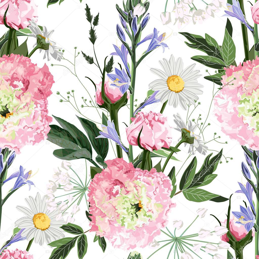 Pink eustoma with wild field flowers and herbs seamless pattern. White background.