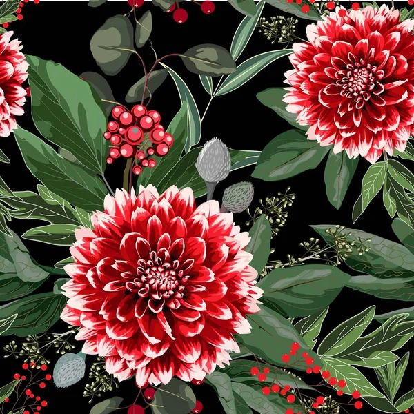 Padrão Fundo Floral Sem Costura Larga Flores Dahlia Vermelhas Com —  Vetores de Stock