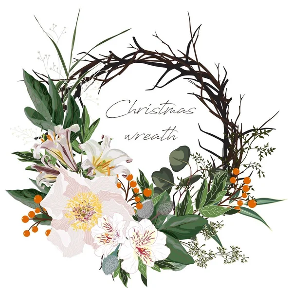 Vánoční Přání Věnec Květin Kulatý Rám Bílým Pivoňkem Listy Bobule — Stockový vektor