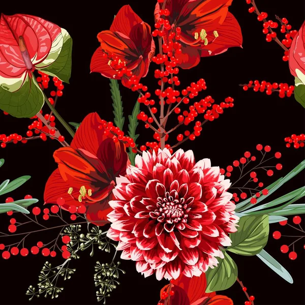 Широкий Бесшовный Цветочный Фон Красная Георгия Лилии Цветы Рождественскими Ягодами — стоковый вектор
