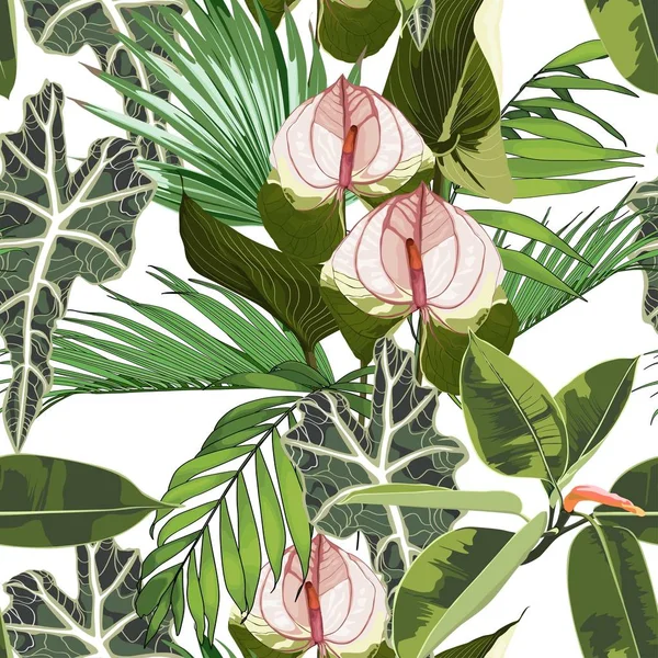 Tropické Letní Malba Bezešvé Vzor Palmovými Listy Spathiphyllum Květiny Větev — Stockový vektor