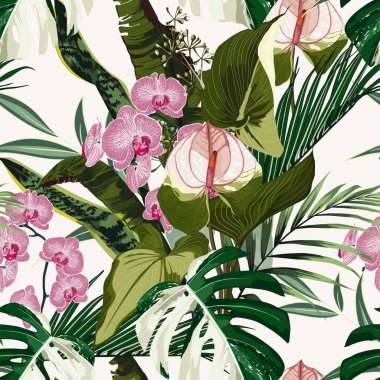 Tropik yaz resimleri palmiye yaprakları ve Spatthiphyllum çiçek dallarıyla kusursuz desenler. Işık arkaplanındaki son moda egzotik çiçek duvar kağıdı.