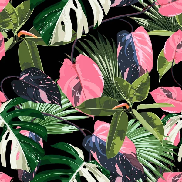 Ekzotik Pembe Liana Dalı Palmiye Ağacı Yapraklarıyla Kusursuz Desenli Tropik — Stok Vektör