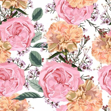 Detaylı elle çizilmiş çiçekleri olan klasik lükssüz desen. Çiçek açan şakayık, gül, bej karanfil ve bitkiler..