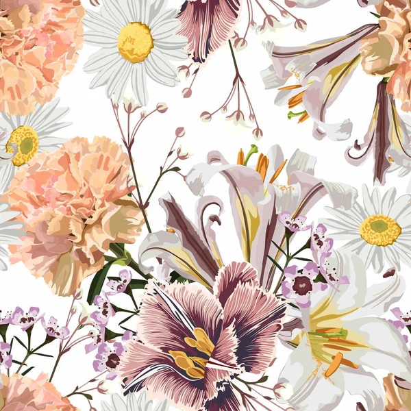 Vintage Luxe Naadloos Patroon Met Gedetailleerde Handgetekende Bloemen Bloeiende Lelies — Stockvector