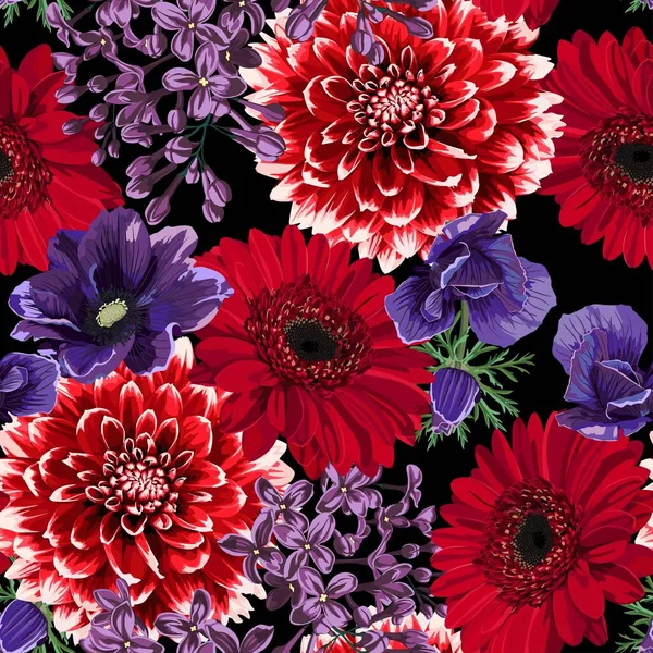 Naadloos Bloemenpatroon Met Dahlia Anemonen Gerbera Bloemen Zomer Lente Motieven — Stockvector