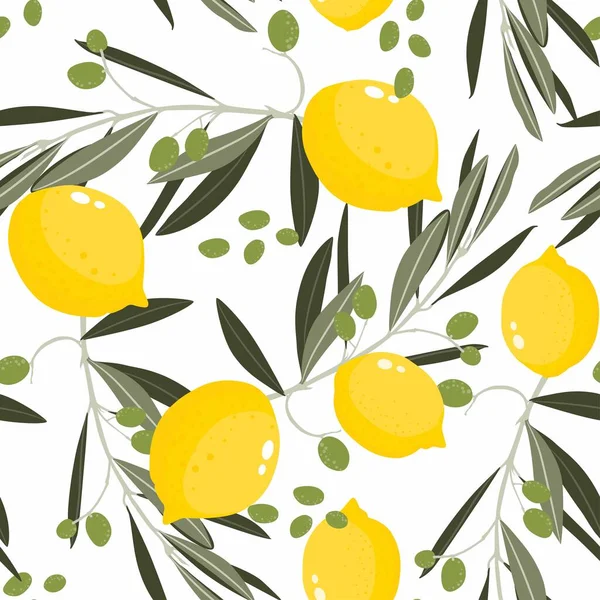 Motivo Agrumato Floreale Senza Cuciture Con Limoni Colorati Ramo Ulivo — Vettoriale Stock