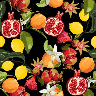 Kusursuz Tropikal Meyve Örnekleri. Duvar kağıdı, ambalaj kağıdı, kumaş için Nar, Turuncu, Limon ve Çiçeklerle Egzotik Arkaplan. 