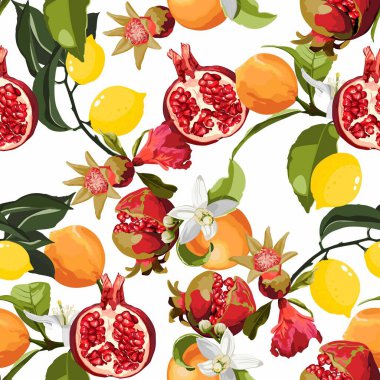 Kusursuz Tropikal Meyve Örnekleri. Duvar kağıdı, ambalaj kağıdı, kumaş için Nar, Turuncu, Limon ve Çiçeklerle Egzotik Arkaplan. 