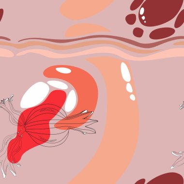 Geometrik vuruş elementleriyle sanat manzarası. Kusursuz desen. Soyut kağıt elementleri, nar çizgisi meyveleri, çömlekçilik, soyut şekiller.