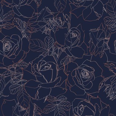 Güller. Çiçekli, dikişsiz desen. Altın çiçekler, yapraklar, lacivert arka planda dallar. Tekstil ve kağıt tasarımı için resim sanatı.