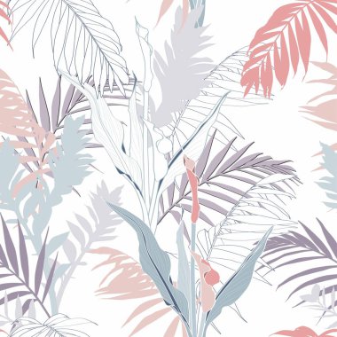 Yaratıcı evrensel çiçek arkaplanı tropikal tarzda. El yapımı kumaşlar. Beyaz arka planda tropikal çizgi yaprakları ve pastel renklerde çiçekler. 