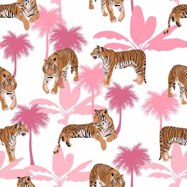 Tropikal yaprakları ve beyaz arka planda egzotik avuçları olan kaplanların tasviri. Eğilimsiz motif.