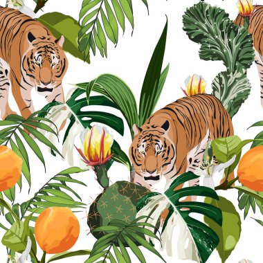 Ormandaki egzotik hayvan kaplanı klasik arka plan çiziminde pürüzsüz desen. Egzotik palmiye yaprakları ve kaktüsü çiçek açmış son moda plaj duvar kağıdı..