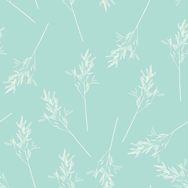Yabani otlar ve otlarla kusursuz desen. Farklı bitkilerin ince çizgileri. Parlak mavi eski arkaplanda beyaz çizgi