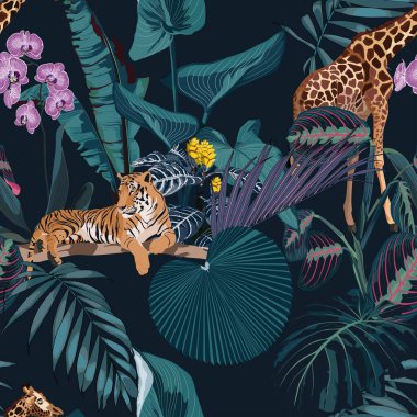 Tropikal gece mahsulü vahşi hayvanlar kaplan ve zürafa desenleri, palmiye ağaçları, palmiye yaprakları ve çiçeksiz sınır siyah arka planı. Egzotik orman duvar kağıdı.