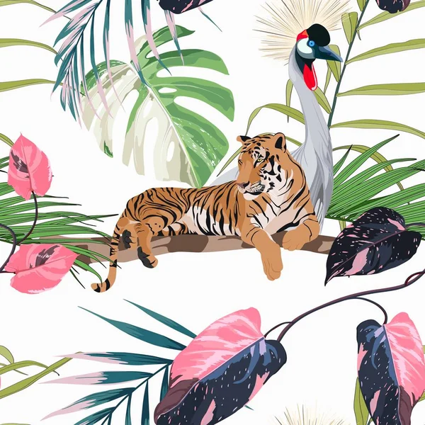 Exotic birds and tiger, monstera palm leaves, white background. Floral seamless pattern. Tropical illustration. Exotic plants, birds, animals. Summer beach design. Paradise nature.