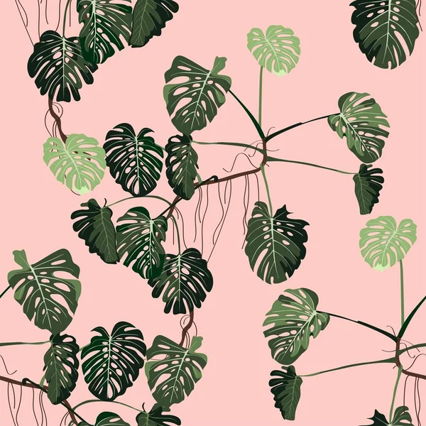 Bezproblémový Vzor Monstery Rostliny Tropické Listy Palem Béžové Pozadí — Stockový vektor