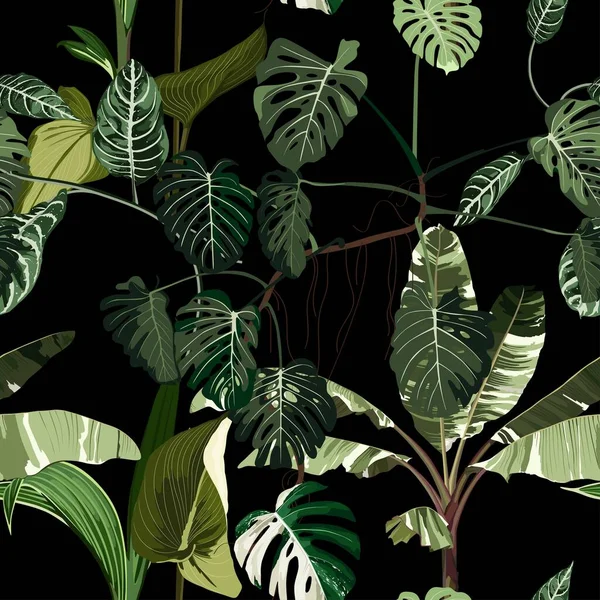 Bezešvé Vzor Monstera Rostlin Banány Palmy Mnoho Exotických Listů Tropické — Stockový vektor