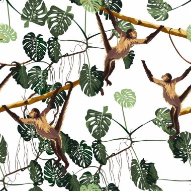 Tropik maymun, palmiye ağaçları çiçeksiz desenli beyaz arka plan. Egzotik orman duvar kağıdı.