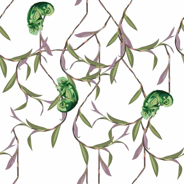 Nahtloses Muster Mit Liane Und Blättern Und Grünem Chamäleon Abbildung — Stockvektor